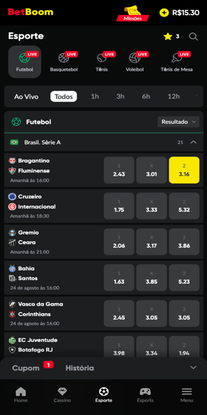 Tela com op&ccedil;&otilde;es de apostas para o futebol na Betboom