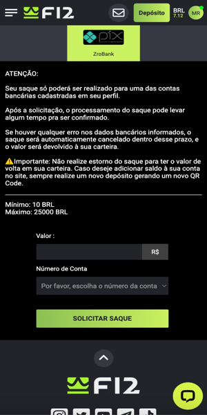 Tela com as indicações para realizar um saque via Pix na F12.Bet