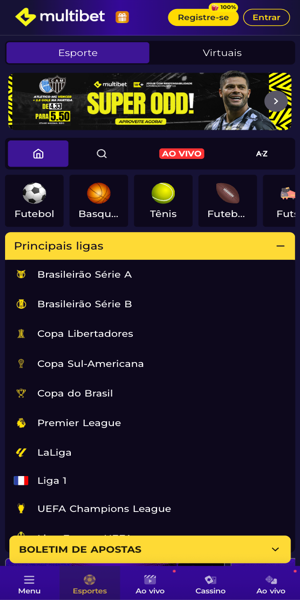 Tela inicial da p&aacute;gina de apostas esportivas da Multibet