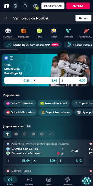 p&aacute;gina inicial da Novibet com possibilidades de apostas
