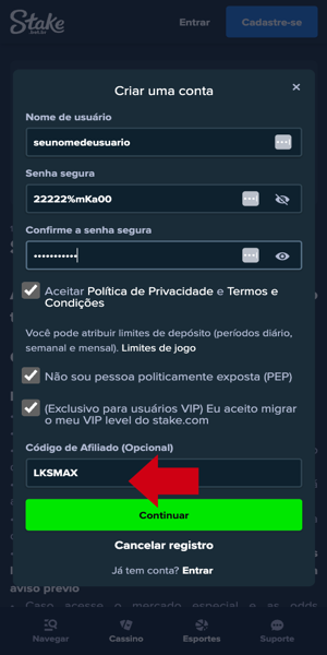 Tela com passo de registro com o c&oacute;digo Stake