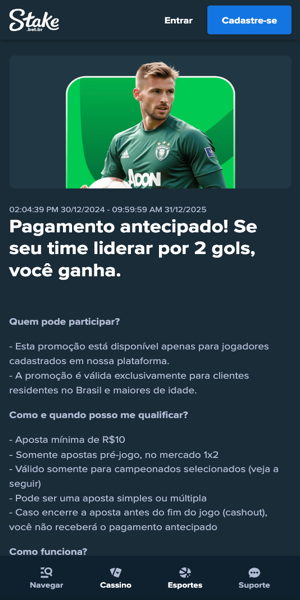 Imagem sobre a promo&ccedil;&atilde;o pagamento antecipado com o c&oacute;digo Stake