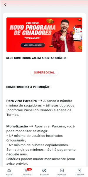 Imagem da p&aacute;gina da promo&ccedil;&atilde;o "Programa de criadores" da Superbet