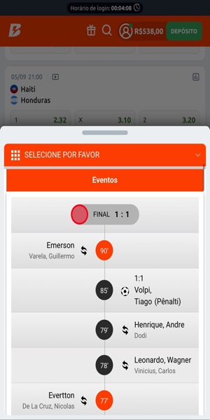 Imagem com o recurso de resultados da partida em uso, mostrando um pouco das suas funcionalidades, como a linha do tempo com acontecimentos da partida