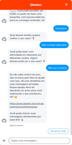 Imagem do atendimento ao cliente Betano Brasil via chatbot