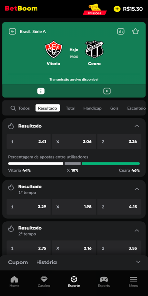 Imagem com exemplo do recurso de porcentagem de apostas que uma partida est&aacute; recebendo na BetBoom.