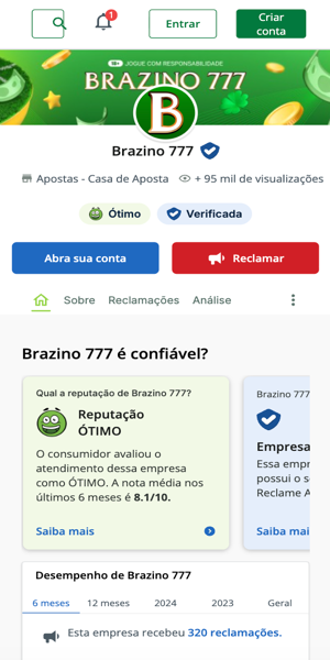 Imagem com a página oficial da Brazino777 no Reclame Aqui