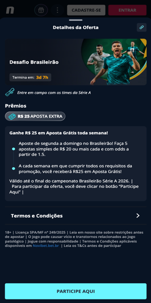 Imagem da p&aacute;gina da promo&ccedil;&atilde;o de aposta gr&aacute;tis na Novibet para o Brasileir&atilde;o.