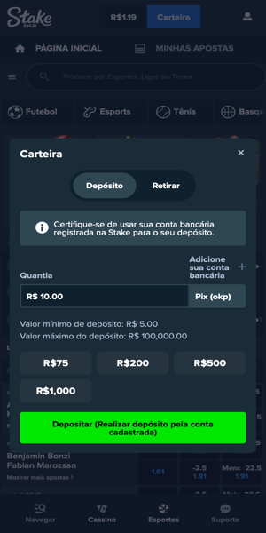 Imagem com o processo de dep&oacute;sito via Pix na Stake