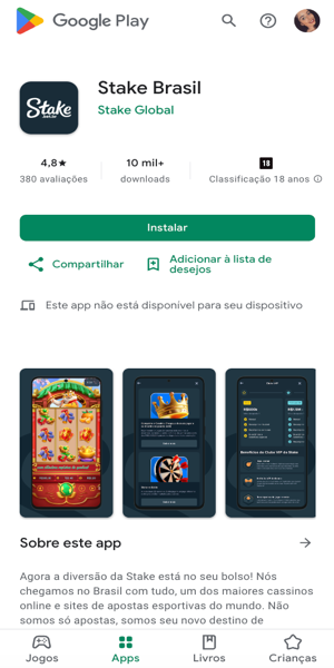 Imagem da op&ccedil;&atilde;o de download do app da Stake na Play Store.