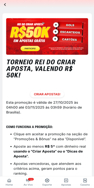 Imagem da p&aacute;gina da promo&ccedil;&atilde;o do torneio "Rei do Criar Aposta" v&aacute;lido com o c&oacute;digo de indica&ccedil;&atilde;o Superbet