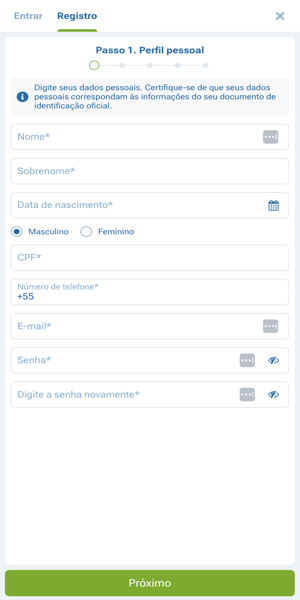 Imagem do processo de registro no app da 1xBet
