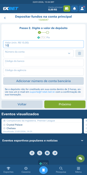 Imagem do processo de dep&oacute;sito no site mobile da 1xBet