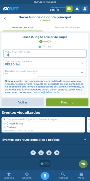 Imagem do processo de saque no 1xBet app
