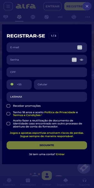 Imagem com a tela inicial do registro de uma nova conta na Alfa.bet