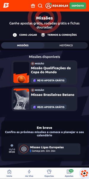 Imagem da página de Missões da Betano