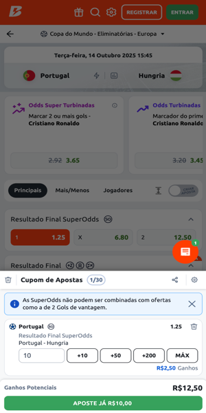 Imagem com exemplo de SuperOdds no jogo entre Portugal x Hungria