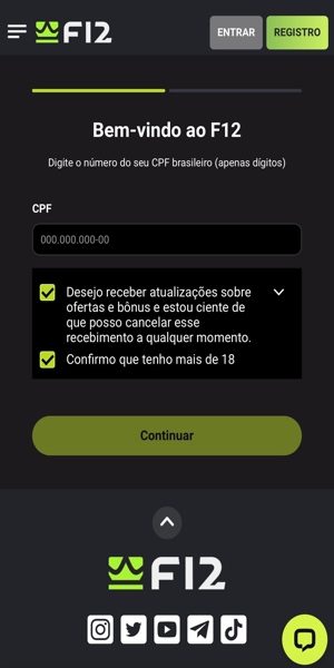 Imagem do in&iacute;cio do processo de registro na F12 Bet