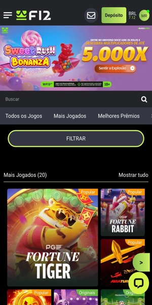 Imagem com a tela inicial da se&ccedil;&atilde;o de cassino online da F12 Bet