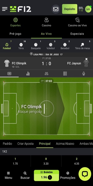 Imagem com quadro interativo com estat&iacute;sticas atualizadas minuto a minuto nas apostas ao vivo da F12