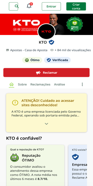 Imagem da p&aacute;gina oficial da KTO no Reclame Aqui com classifica&ccedil;&atilde;o 8.7/10 pelos clientes
