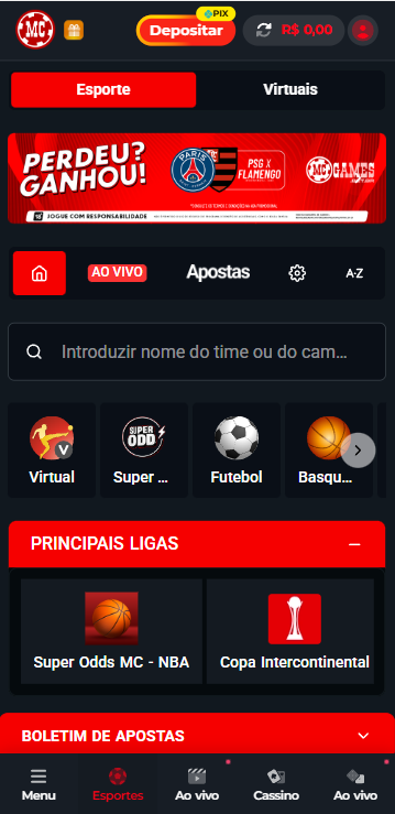 Imagem com promoção de apostas e categorias de esportes na MC Games