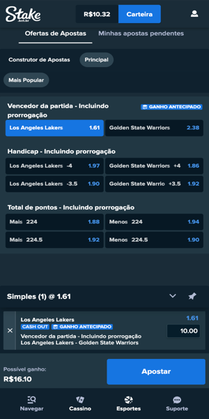 Imagem com um exemplo de aposta feito na NBA no site da Stake
