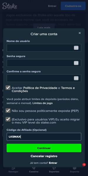 Imagem com o processo de cadastro na Stake