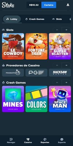 Imagem com a p&aacute;gina principal da se&ccedil;&atilde;o de cassino online na Stake