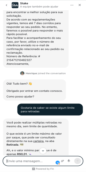 Imagem de um atendimento real na Stake com o uso de chatbot e em seguida o suporte humanizado