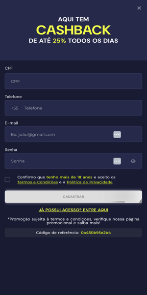 Imagem da p&aacute;gina de cadastro na Bet7k