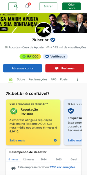 Imagem da p&aacute;gina oficial da Bet7k no Reclame Aqui 