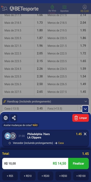 Imagem de uma aposta sendo colocada em um jogo da NBA com c&oacute;digo promocional Betesporte