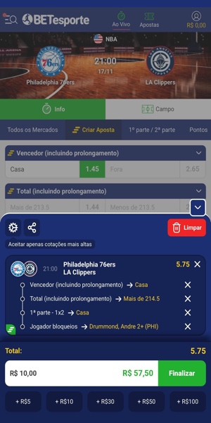 Imagem com exemplo de uma aposta personalizada feita com o recurso "Criar Aposta" na Betesporte