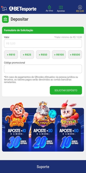 Imagem do processo de dep&oacute;sito via Pix na Betesporte