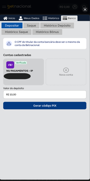 Imagem do processo de dep&oacute;sito via Pix na Betnacional