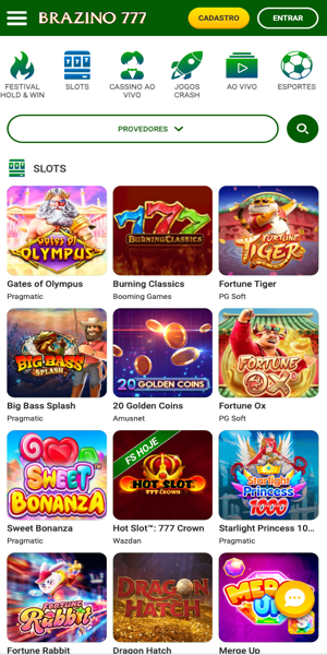 Imagem inicial do cat&aacute;logo de jogos de slots dispon&iacute;vel na Brazino777