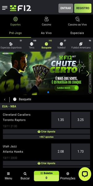 Imagem da página inicial de opções de jogos para apostar na NBA na F12 Bet