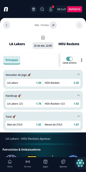 Imagem das op&ccedil;&otilde;es de mercados na se&ccedil;&atilde;o "Criar Aposta" em um jogo do Lakers na temporada da NBA na Novibet