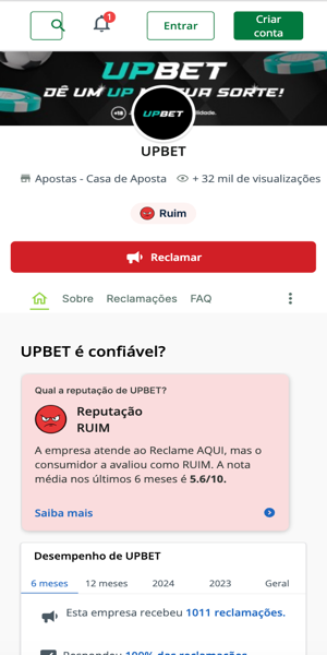 Imagem da p&aacute;gina oficial da UpBet no Reclame Aqui