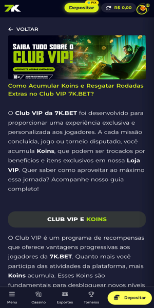 Imagem da p&aacute;gina da promo&ccedil;&atilde;o Club VIP da Bet7K