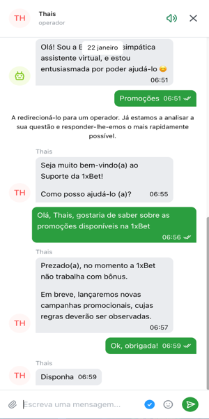 Imagem de uma conversa de atendimento ao cliente na 1xBet