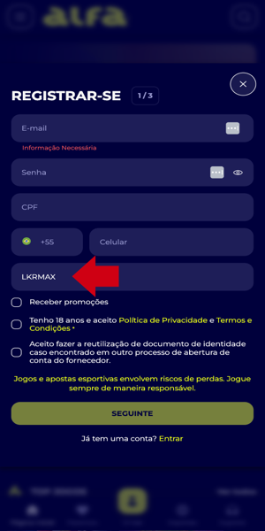 Imagem do processo de abrir conta na Alfa bet