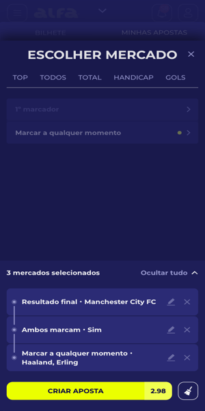 Imagem de um bilhete feito com o recurso criar aposta na Alfa bet