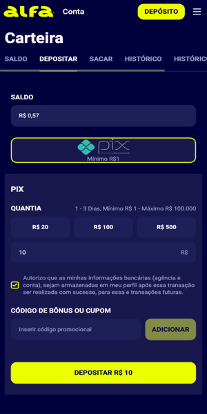 Processo de dep&oacute;sito via Pix na Alfa bet