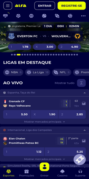 Imagem da p&aacute;gina inicial de apostas esportivas da Alfabet