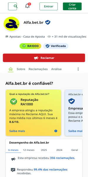 P&aacute;gina oficial da Alfa bet no Reclame Aqui