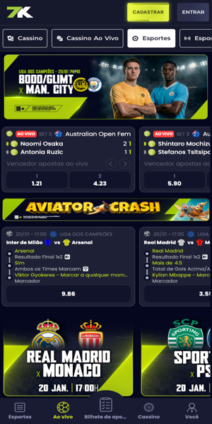 P&aacute;gina com apostas esportivas na Bet7K