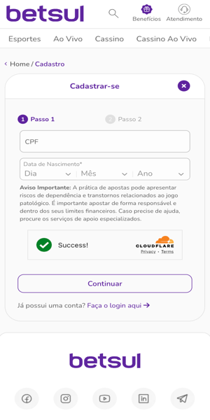 Imagem do processo de abrir conta na Betsul Brasil