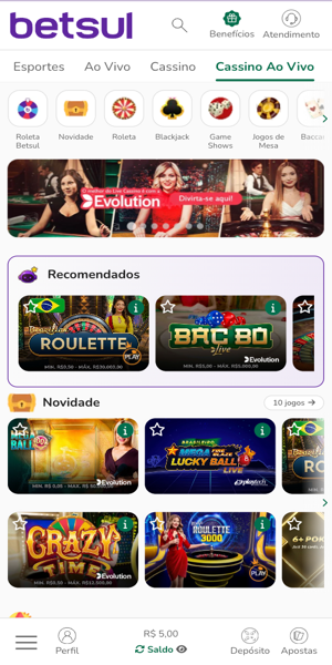 Imagem da se&ccedil;&atilde;o cassino ao vivo Betsul